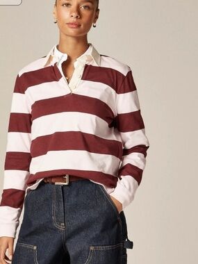 J. Crew Striped Rugby Polo Top in Burgundy and Pink